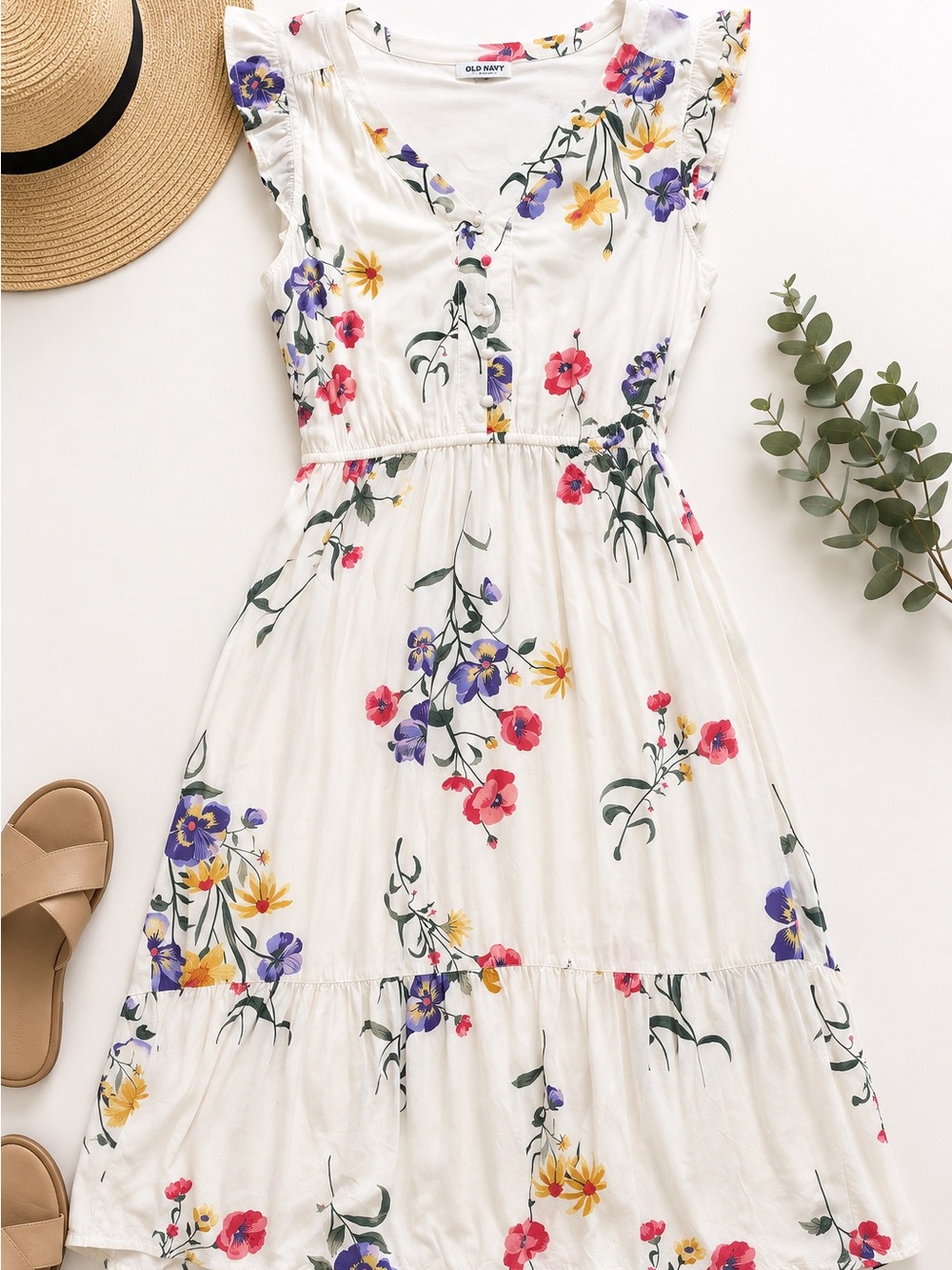 Old Navy White Midi Dress with Pink, Purple & Yellow Floral Accents